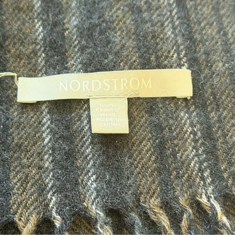 Nordstroms Men Scarf Lambswool Fringe Grey Black Tan Neutral Striped Classic